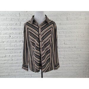 Notations Women Top 2X Plus Button Up Collar Black Stripe Long Sleeve STR133E